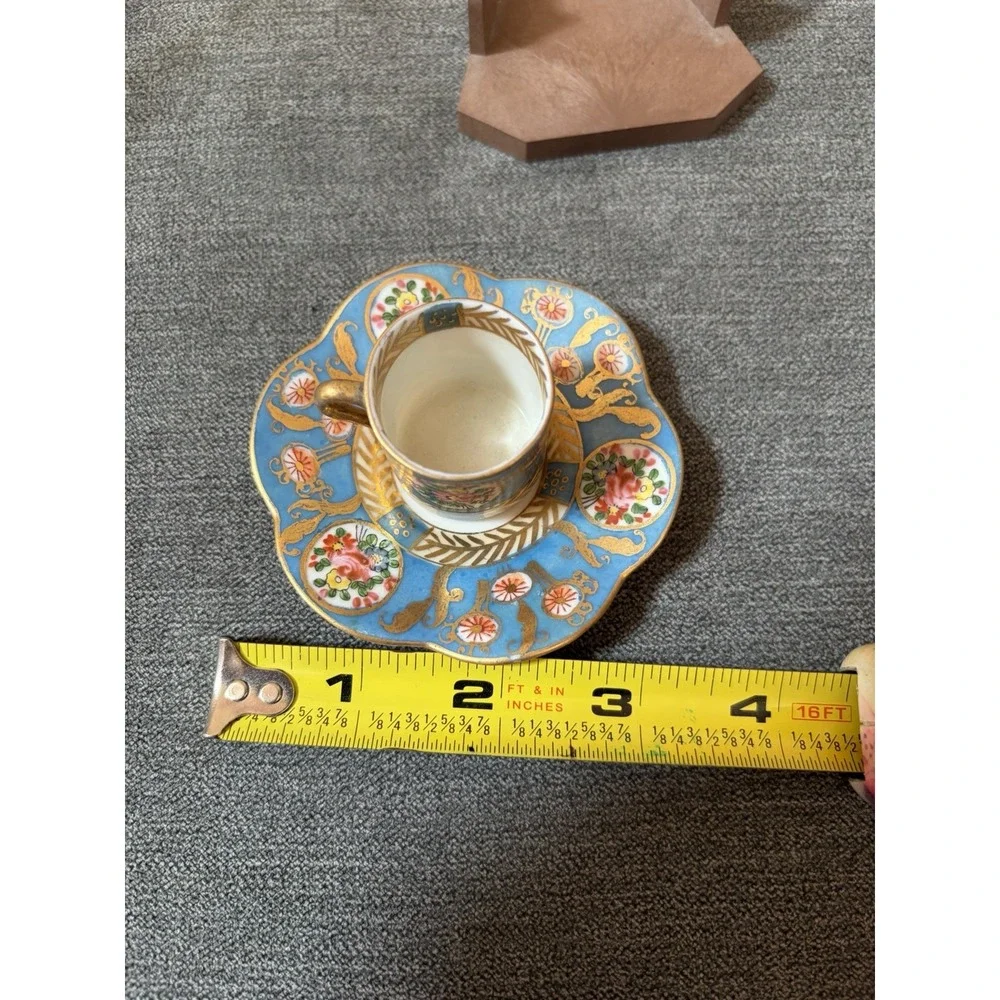 VTG Demitasse Cup & Saucer Porcelain Hand Painted Blue & Gold Floral Hokutosha